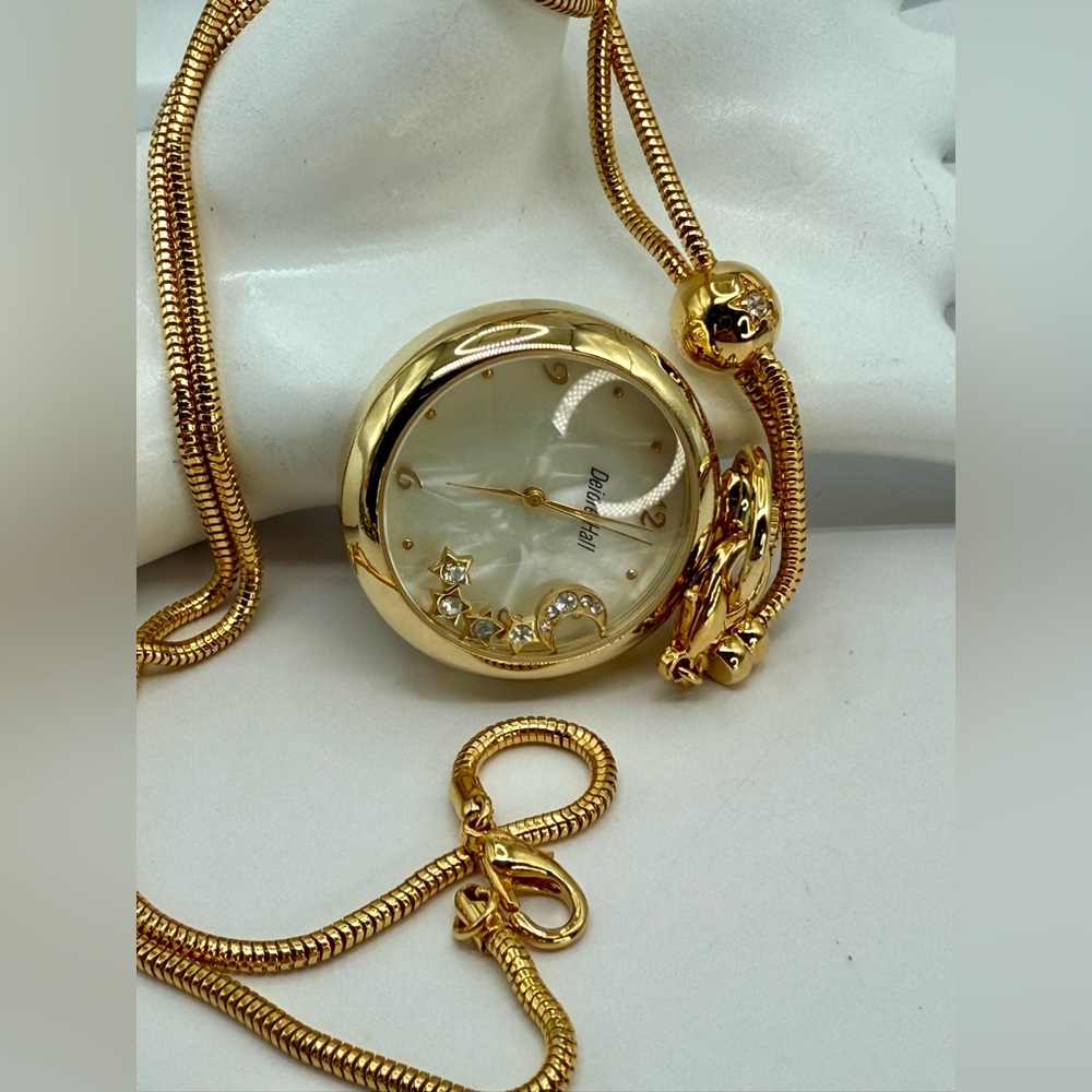 Deidre Hall Pocket Watch Necklace Crystal Accent Moon & Stars Charms MOP Face - Picture 4 of 17